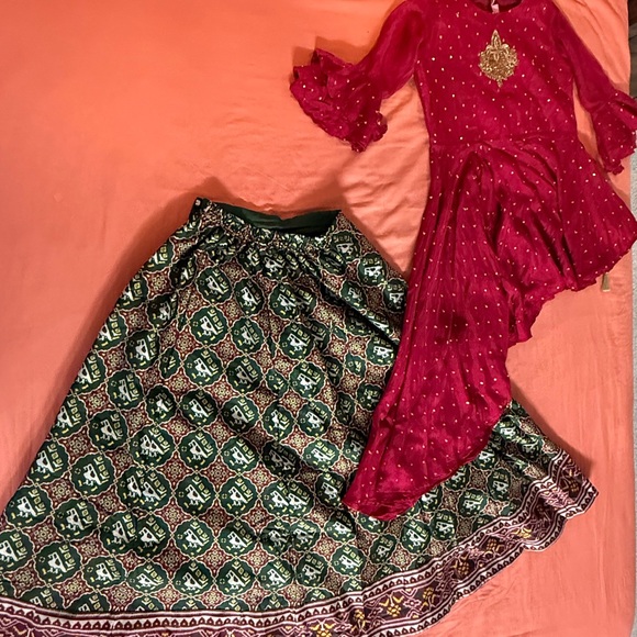Ethnic Indian Wear Pink and Green A-Line Dress - Picture 2 of 12